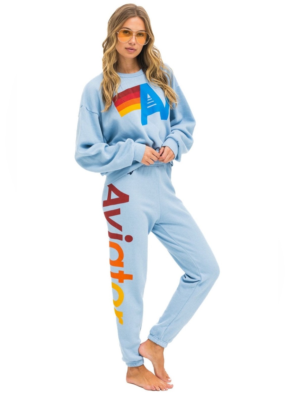 Aviator Nation 2 Ice Blue Rainbow Logo Stretchy Sweatpants